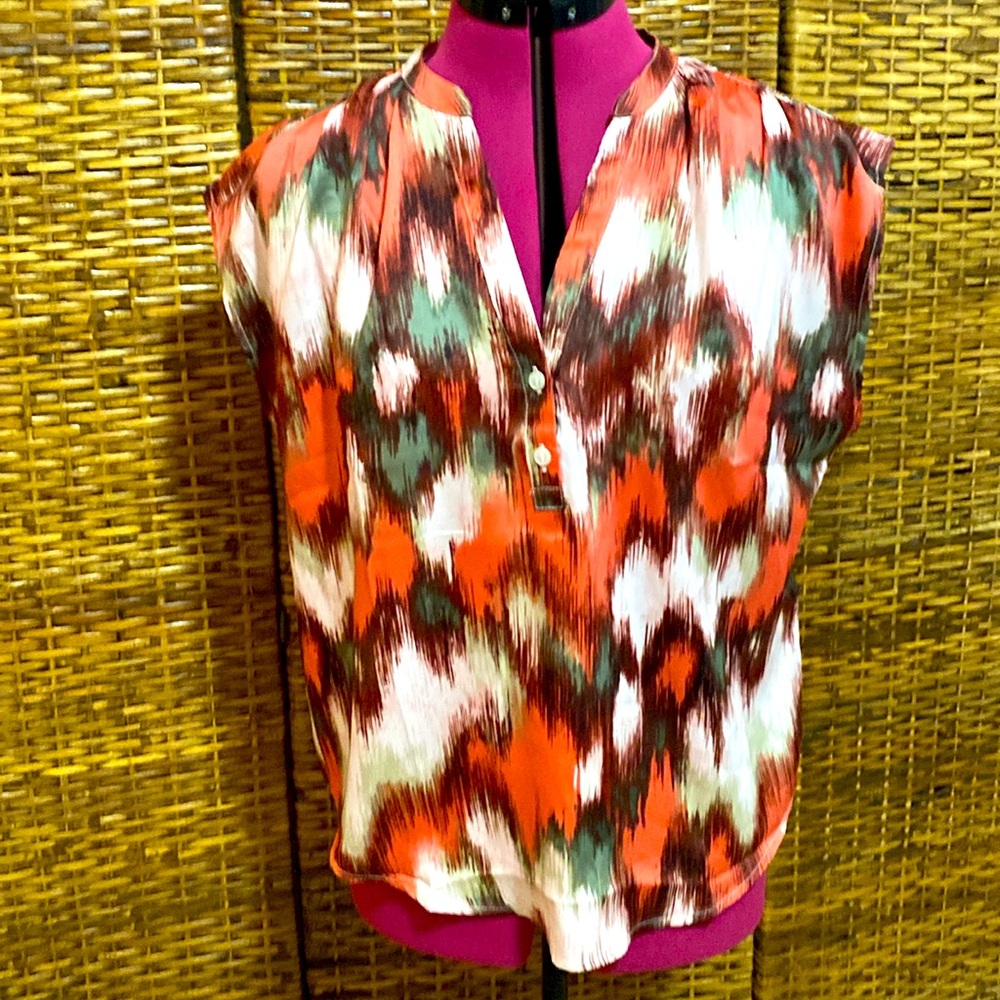 EUC Banana Republic Coral green, brown, white sleeveless, high, low style top S